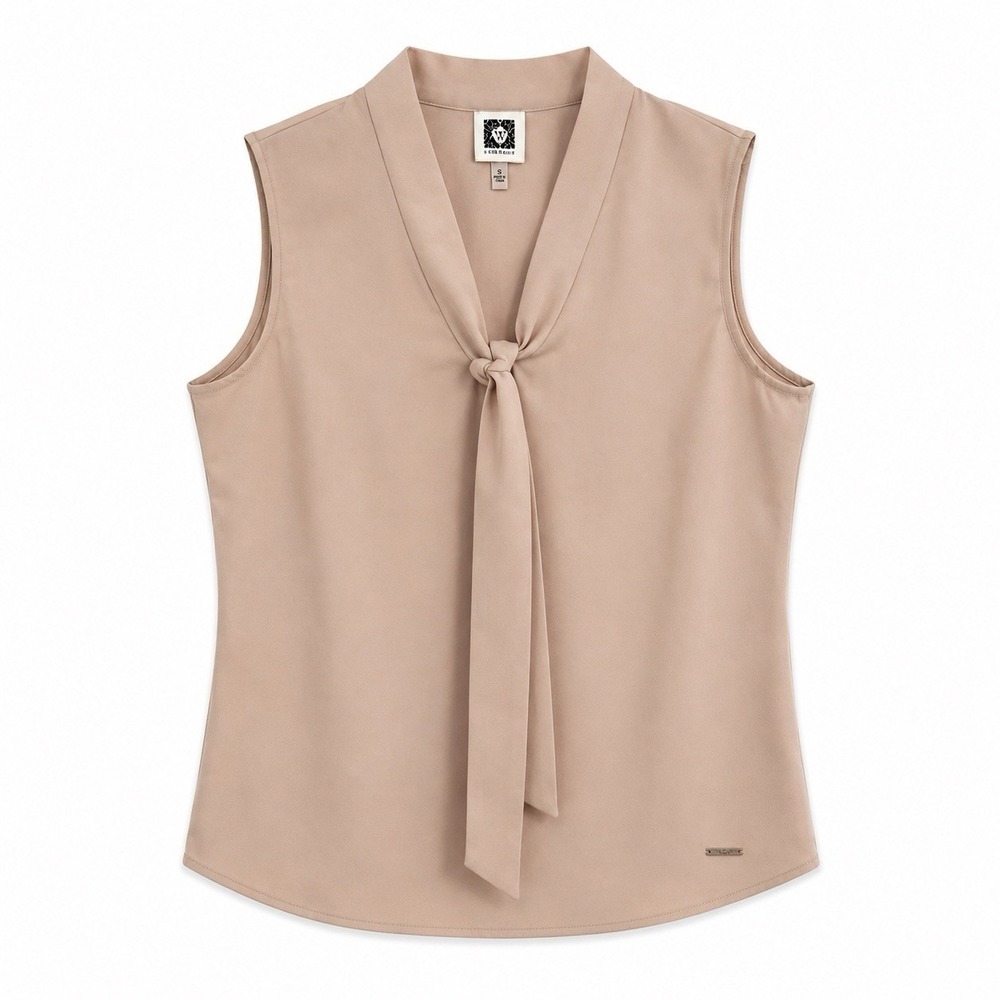 Anne Klein Womens M Beige Sleeveless Tie Neck Blouse Career Office Top